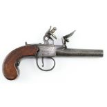 A 19th century frizzen flintlock black powder pocket pistol by Dawes of London, wooden grip