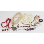 A collection of costume jewellery, to include; a Chinese red coral bead necklace, with 14ct.