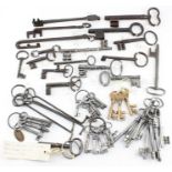 A collection of 50 antique keys,  to include Chubbs Patent, three North African keys, spade key,