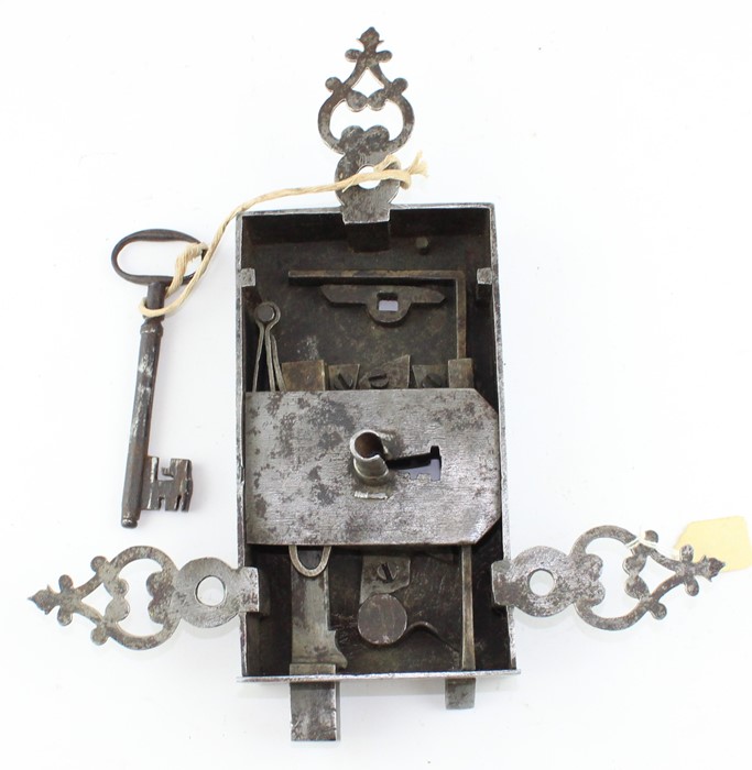 An 18th century Continental steel antique lock with pierced ears (not original key) - Image 2 of 4