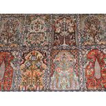 A part silk Persian tree of life pattern carpet, with seven rows of panels depicting trees and