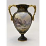 A large urn with twin handles (with dragon) a hand painted seascape panel,
