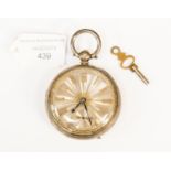 London silver, open faced pocket watch, plus key, silvered dial, Roman numerals, subsidiary dial,