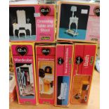 Sindy furniture of the 1970's including bedside table, dressing table, bath, bed, washbasin,