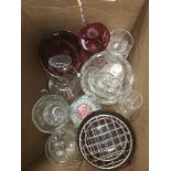 Assorted glass ware including cranberry rose bowls