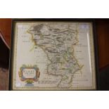 after Robert Morden Late 17th Century "DarbyShire"coloured engraved framed map,