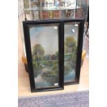 Pair of cottage and river scenes, oil on board, black frames, signed RAP lower left,