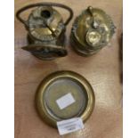 Early 19th Century lamps possibly early bicycle lamps together with Victorian 2lb weight