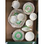Royal Crown Derby 1920's tea set, green ground with floral and bird decoration,