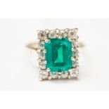 A green stone and white stone rectangular cluster ring, 9ct gold mount, size N1/2,