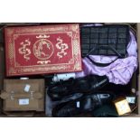Unopened perfumes and evening bags, jewellery boxes, Italian leather Prada shoes,