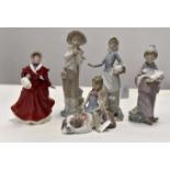 Two Lladro figures with two Nao figures and Royal Doulton figure,