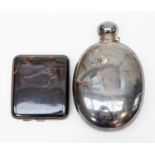 Tortoiseshell cigarette case, 1928 silver mounted, along with an Edwardian silver plated hip flask,