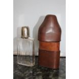Glass spirit bottle in brown leather case A/F