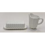 A milk glass butter dish and cover and a matching jug (GG)