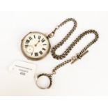 A silver keywind pocket watch on a silver Albert chain with coin fob