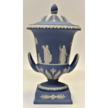 Wedgwood Blue Jasper, twin handled urn and cover, approx 31cms high Condition: Good,