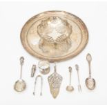 Collection of white metal items to include pierced bonbon dish, pickle fork, two spoons marked 800,