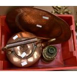 Victorian copper kettle hammered copper plate and a French single candle stick (1 box)