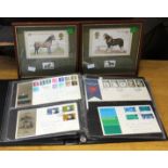 First day cover album together with two framed editions (British horse breeds)