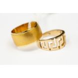 Two 14ct gold rings, one a Greek key design, size L, the other textured band with polished edges,