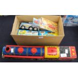 Marx tinplate loco "The Chief" and 3 x tinplate Busy Bus plus a selection of repro signs