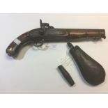 Percussion cap pistol with 9 inch barrel. No makers marks. Overall length 15 inches.