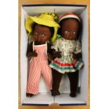 Circa 1940's dolls; boy and girl, having felt faces, velvet bodies and limbs, she having human hair,