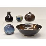 Five Studio pottery bowls and vases