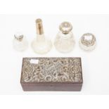 Silver cigarette topped box and four silver dressing table boxes