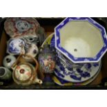 A box of mixed Chinese and Japanese ceramics to include 19th Century brush pot etc
