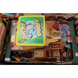 2 Boxes assorted vintage toys including Marx gramophone, Subbuteo, Revell Kit, Tin Goofy lunchbox,