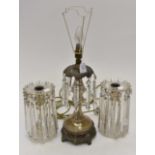 Victorian clear glass and gilt decorated brass mounted lamp with crystal pendants together with