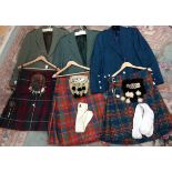 A collection of kilts and jackets from various clans used for Scottish dancing groups to include;
