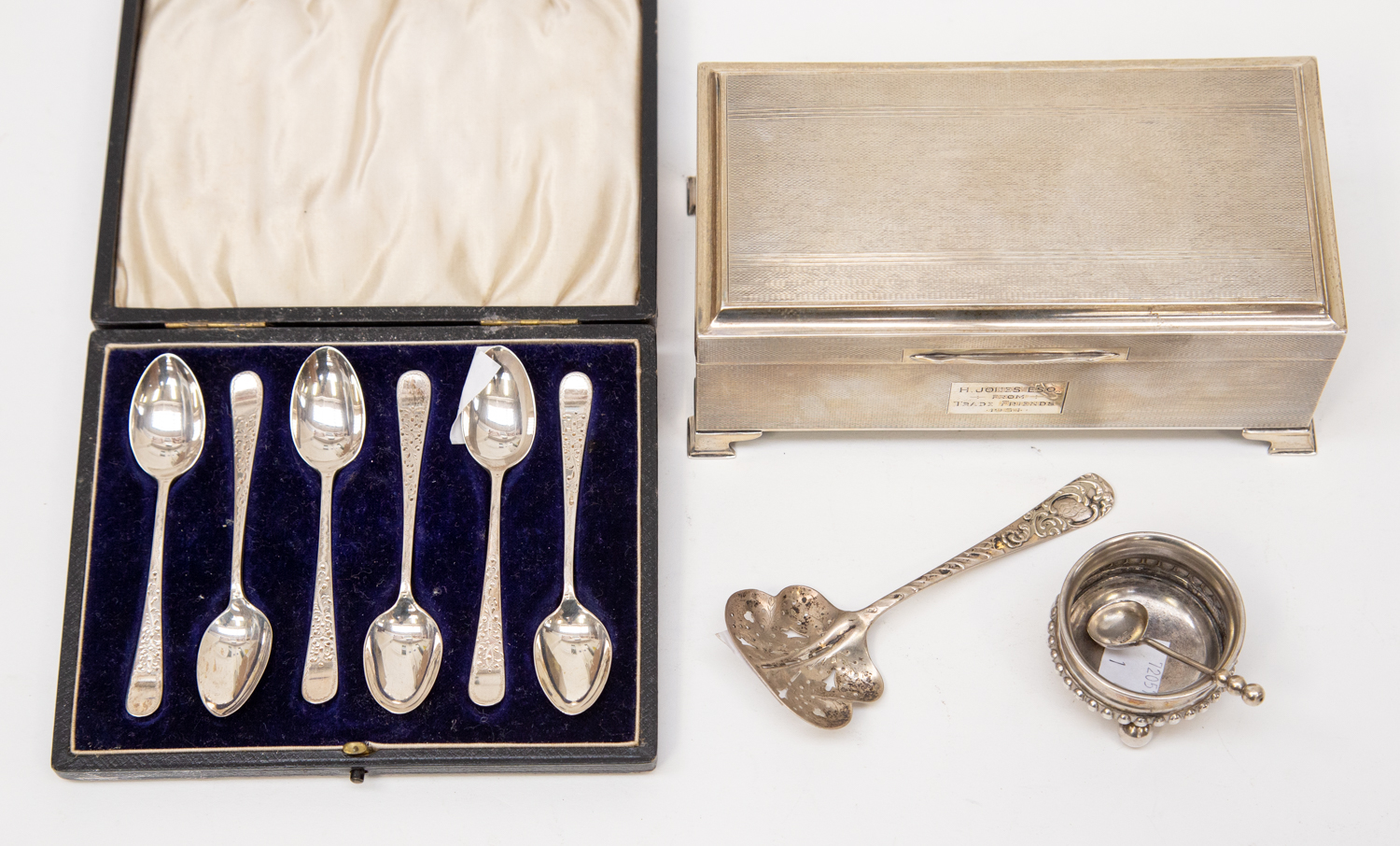 Silver Birmingham 1953 engraved, engine turned cigarette box, salt pot and spoon 1890,