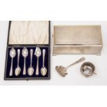 Silver Birmingham 1953 engraved, engine turned cigarette box, salt pot and spoon 1890,