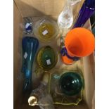 Modern coloured glass vases are with applied detail, cut glass perfume atomiser, whale paperweight,