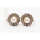 An Edwardian pair of pearl and white stone flower cluster earrings,