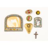 A collection of micro mosaic items to include three gilt metal brooches,