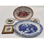 Two meat plates with three Capodimonte floral wall plaques,