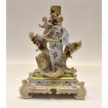 Continental Meissen style part candelabra with Venus and Cupid standing amongst floral decoration