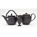 Two basalt large black teapots a/f along with Wedgwood Basalt jug a/f Condition: Jug: Handle