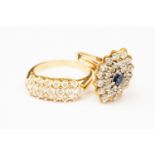 A diamond and sapphire set cluster, size J, 14ct gold mount, along with a 14ct gold,