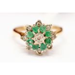 Emerald and diamond cluster ring, 9ct gold, size M,