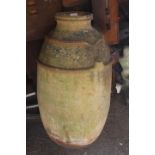 Terracotta gardenpot/urn a/f with verdigris 82cm high.