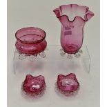 19th Century cranberry fluted glass vase and pair of fluted glass salts