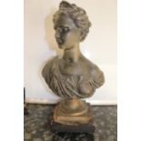 Victorian cast iron bust figure of a Neo Classical female, upon a square wooden plinth,