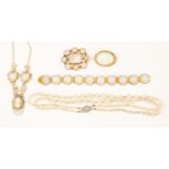 Opal glass vintage bead necklace, gilt metal bracelet, and brooch,