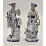 A pair of Continental ceramic 18th Century style figures of gentlemen with a violin and a lady with