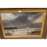 Follower of Thomas Bush Hardy, a stormy seascape with figures on beach in foreground, watercolour,